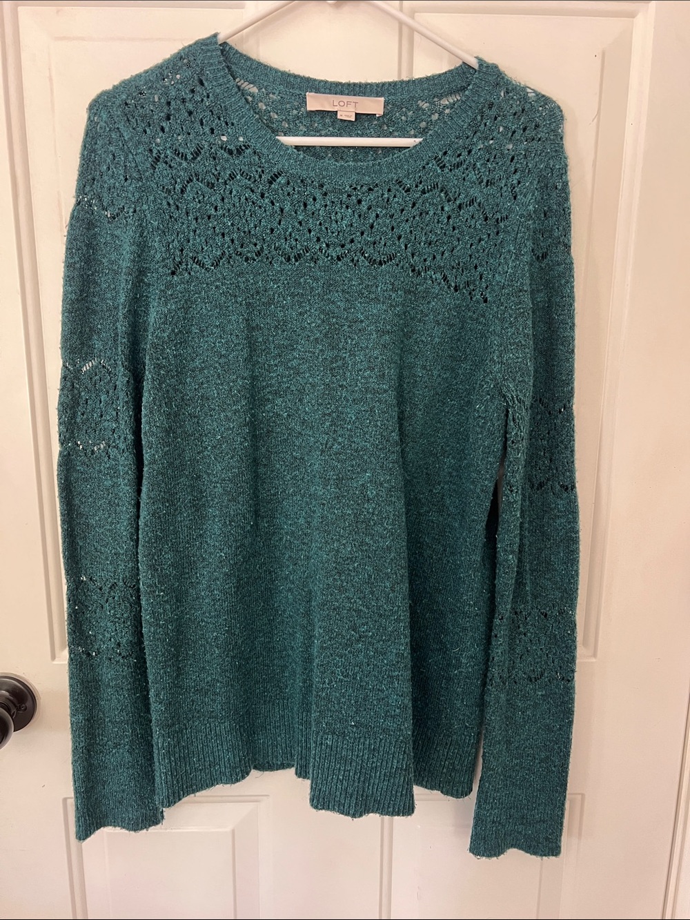 LOFT Teal Green Openwork Crewneck Sweater